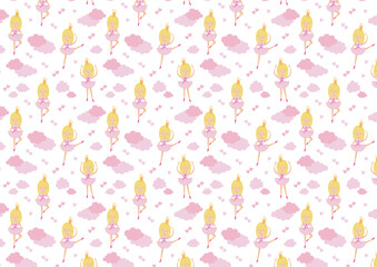 Cute ballerina princess background, vector illustration with pink tutu, hearts, and clouds for kids' wallpaper, textiles, and nursery decor