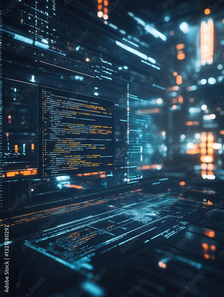 Poster Futuristic digital interface showcasing code aligned with the golden ratio in a dark, high-tech environment