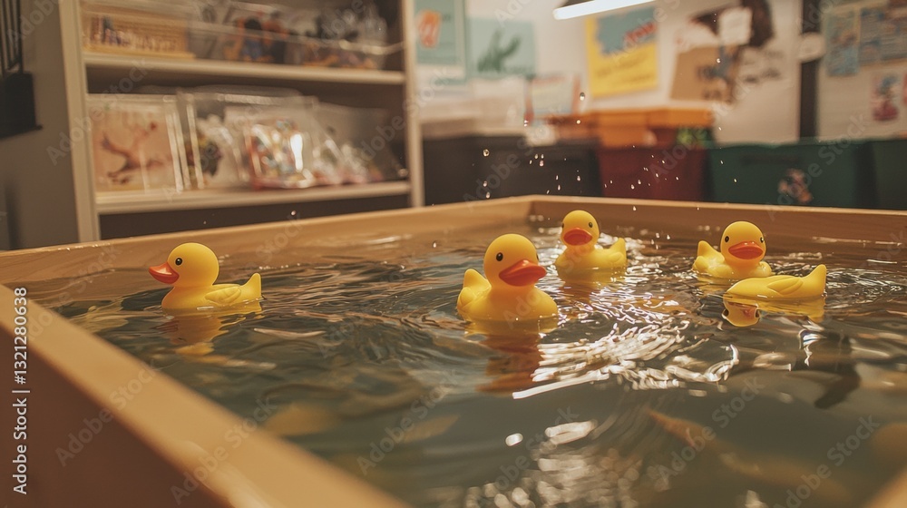 Fototapete group of five yellow rubber ducks floating in a rectangular pool of water. the pool appears to be in