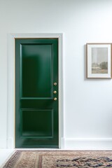 Fototapeta premium Elegant green door stands out against minimalist white walls, en