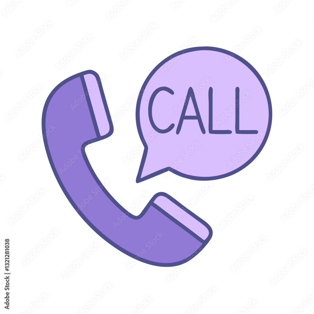 Poster phone icon with call speech bubble in purple color scheme