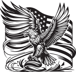 Black and White Eagle Vector Illustration with American Flag