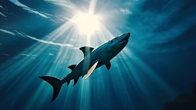 Majestic shark swimming gracefully in deep blue ocean waters, illuminated by sunlight, showcases beauty of marine life and serene underwater nature of this predators habitat.