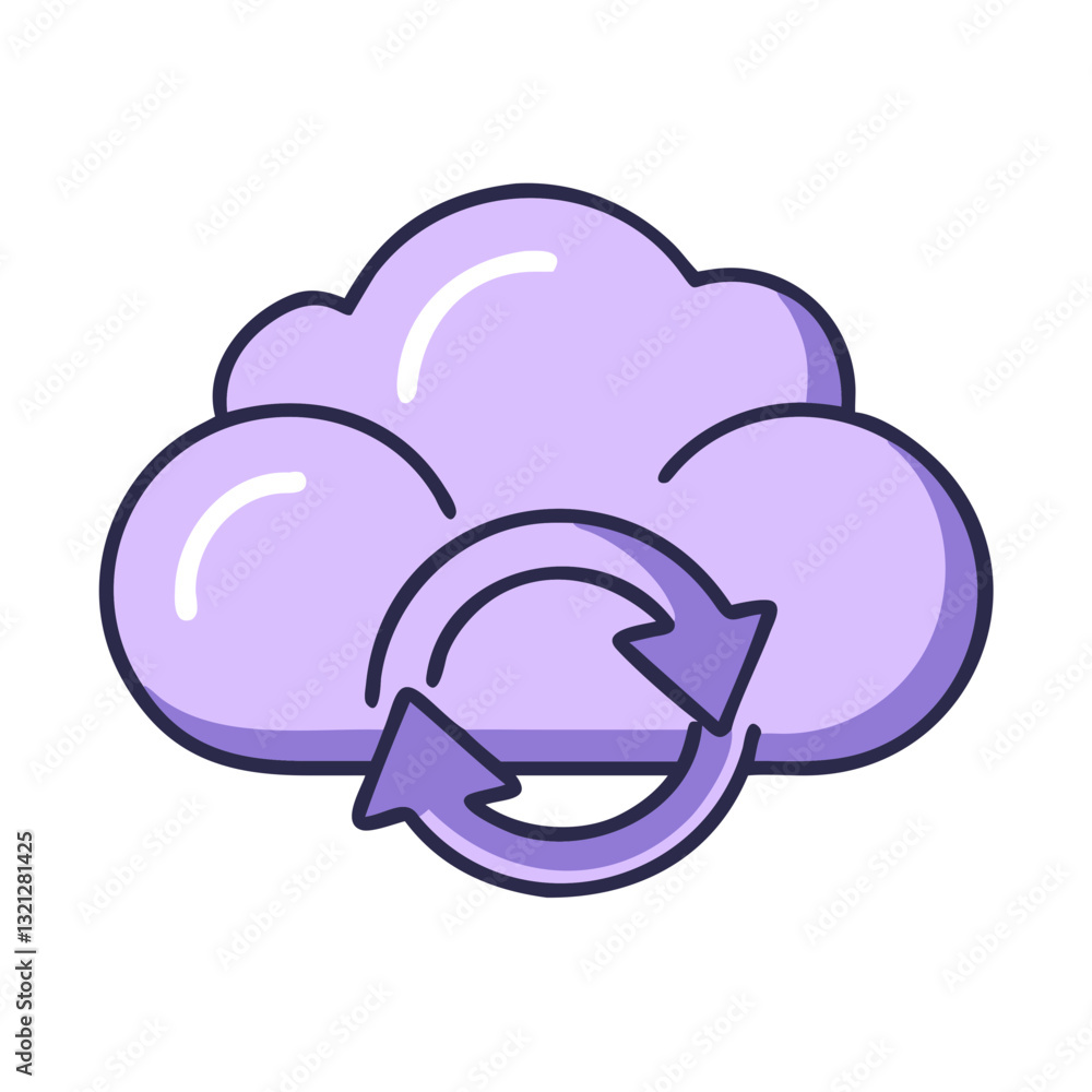 Poster cloud sync icon with refresh arrows in purple color