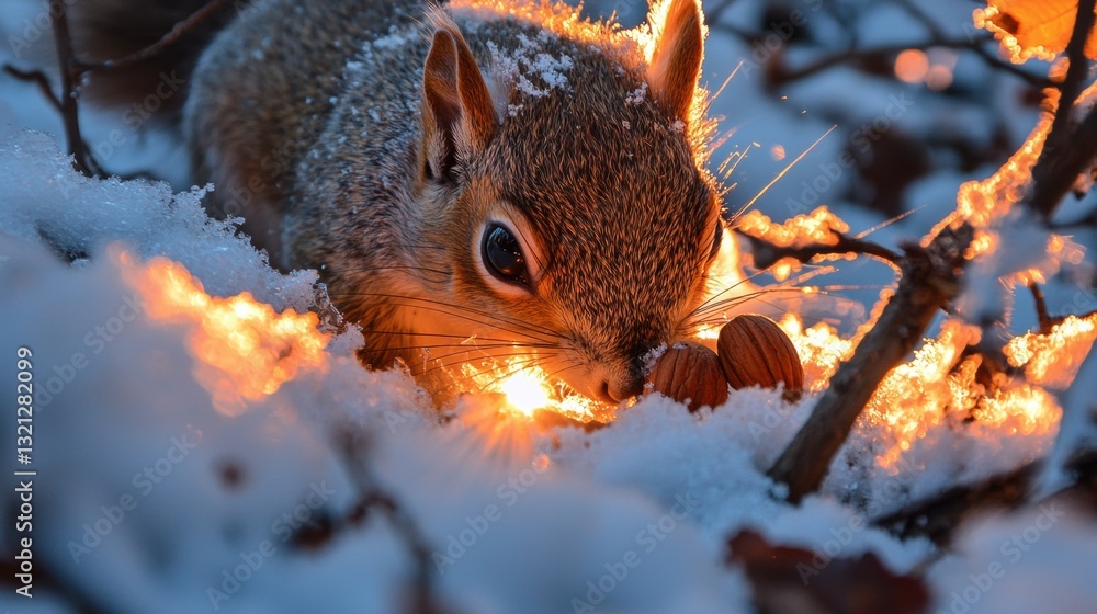 Poster close-up of a squirrel in the snow. the squirrel is facing towards the right side of the image, with
