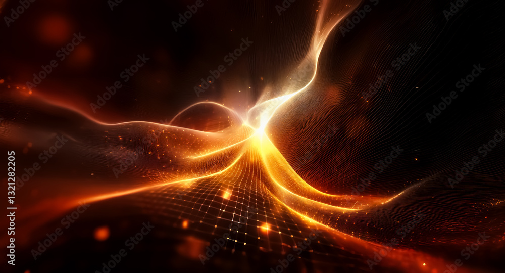 Poster abstract image featuring bright orange waves of light flowing against a dark backdrop, creating a fu