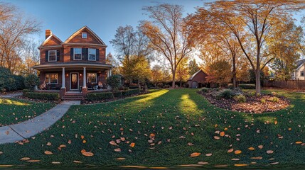 Autumnal brick house, suburban yard, fall leaves