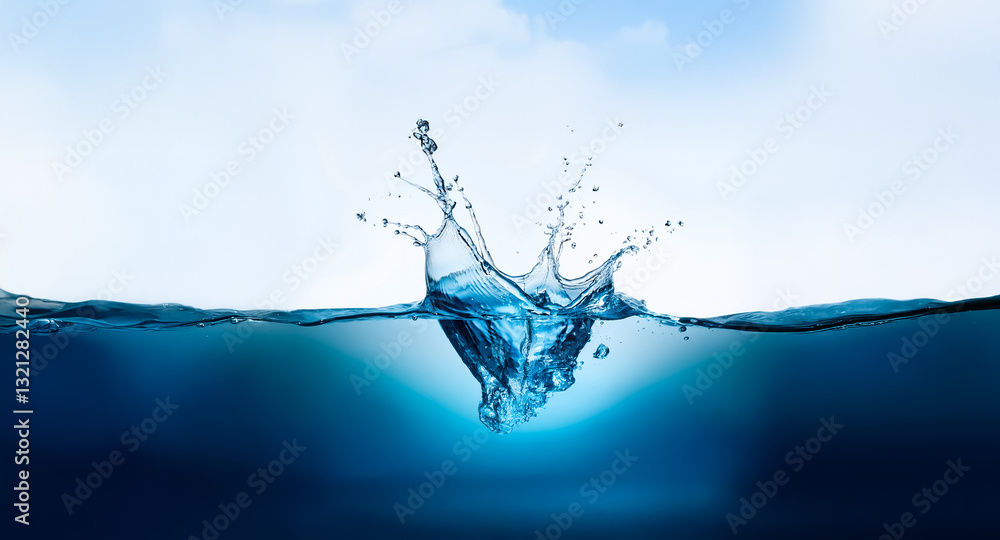 Fototapete A dynamic water splash erupts from the surface, creating a crown shape against a gradient blue sky fading to white. The water transitions from deep to light blue.