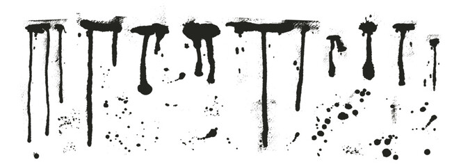 Paint spray splatters set. Grunge graffiti splashes and drips pack. Ink spots and blob shapes. Collage smudge spill. Dirty liquid. Vector hand drawn collection illustration on white background. © Syuzann q