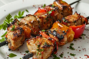 Juicy grilled skewers with fresh herbs and vegetables. Artificial intelligence image
