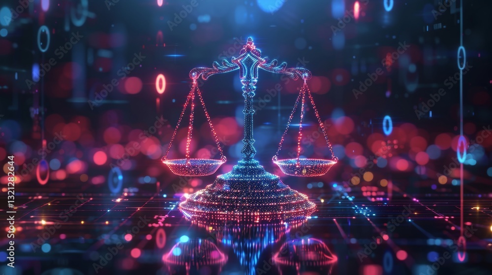 Poster virtual hologram of scales of justice representing ai applications in the augmented judiciary system
