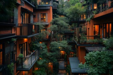 Fototapeta premium Modern urban housing complex with shared outdoor spaces filled with lush greenery, creating a peaceful and sustainable living environment