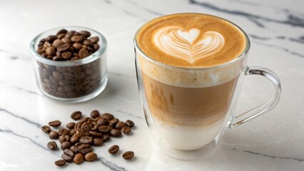 Heart-Shaped Foam Latte Macchiato in Glass Cup with Coffee Beans and Rustic Background