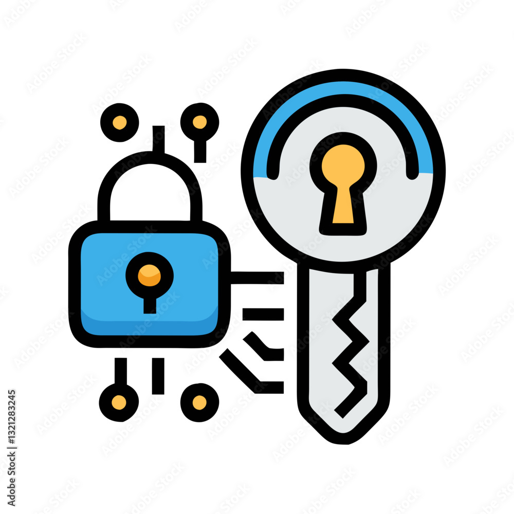 Poster cybersecurity illustration with padlock and key for data protection and digital security concept