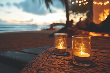 Cozy beach candles illuminate an evening gathering by the ocean during sunset