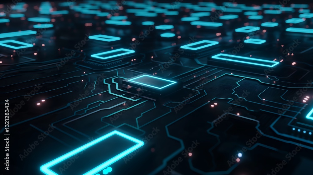 Poster a futuristic technology background featuring glowing blue and cyan circuits, interconnected data str