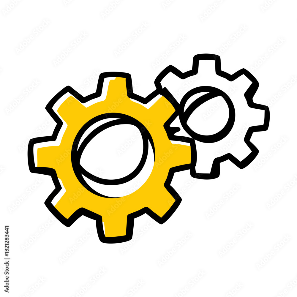 Poster playful interlocking yellow and white gears illustration for mechanical design and engineering conce