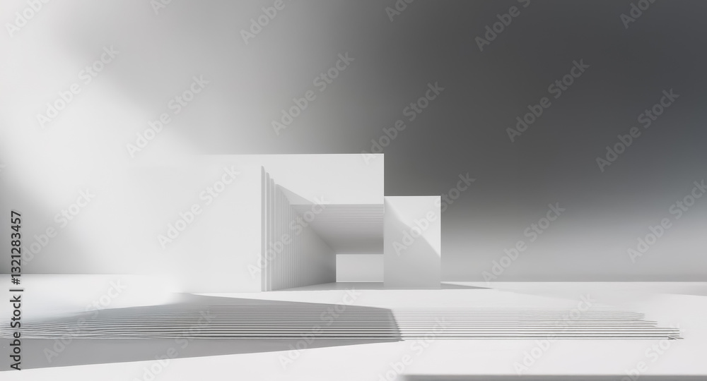 Leinwandbilder Minimalist white geometric structure with sharp shadows creating depth and dimension. Abstract architecture in a bright, clean setting.