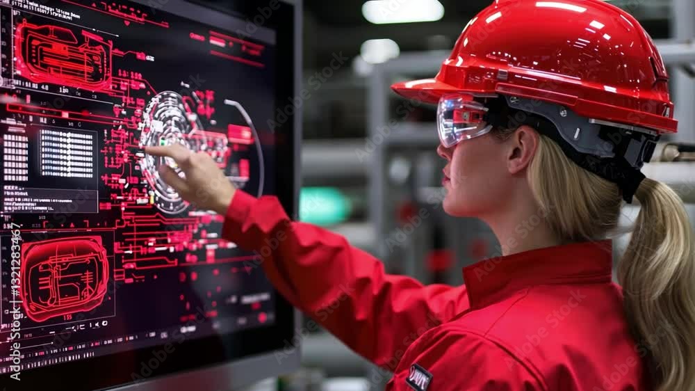 Aufkleber female engineer in protective gear using futuristic touchscreen interface to analyze data and visual