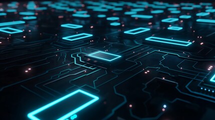Obraz premium A futuristic technology background featuring glowing blue and cyan circuits, interconnected data streams forming a complex network, soft neon reflections adding depth