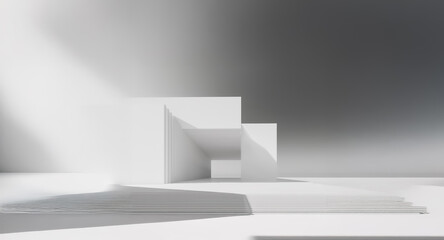 Minimalist white geometric structure with sharp shadows creating depth and dimension. Abstract architecture in a bright, clean setting.