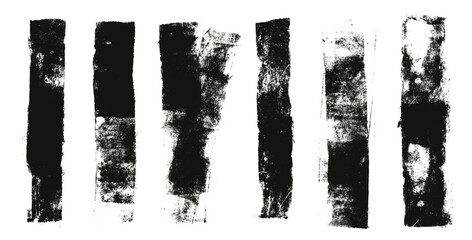 Paint brush strokes set. Linocut texture lines. Ink roller thick stripes background. Grunge letterpress rectangles. Dry black brayer stroke isolated on white background. Vector lino illustration.