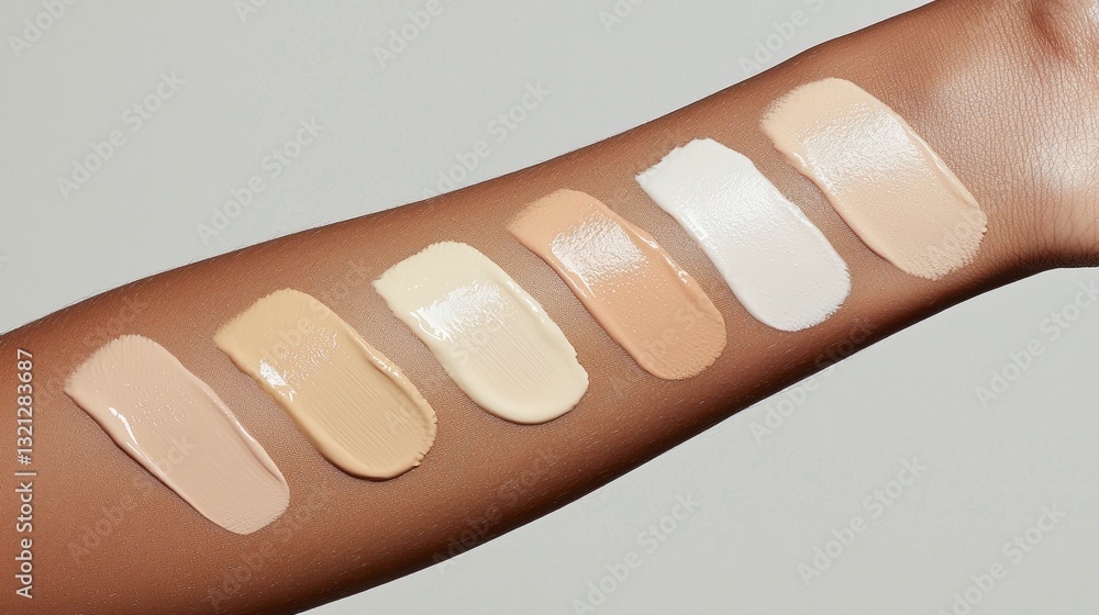 Aufkleber close-up of a person's arm with nine swatches of foundation on it. the swatches are arranged in a gr