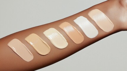 Close-up of a person's arm with nine swatches of foundation on it. the swatches are arranged in a grid-like pattern, with each swatch having a different shade of foundation.