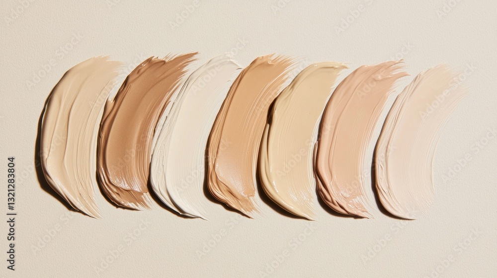 Poster collection of nine swatches of foundation or concealer on a beige background. the swatches are arran