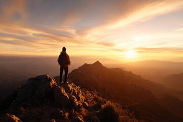 Obraz premium Sunset view from mountain peak captures the beauty of nature with a lone hiker against a stunning landscape