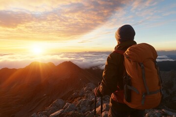 Hiker admires breathtaking sunrise over mountains and clouds at peak elevation in early morning hours