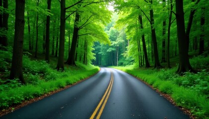 Obraz premium Curving asphalt road cuts through dense, green summer forest , scenic route, shadows, adventure