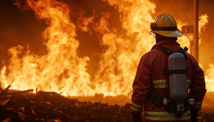 Naklejka premium The fireman in full equipment looking to the large-scale fire