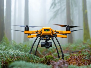 A yellow drone with a camera sits among lush greenery in a misty forest, highlighting technology in a natural setting.