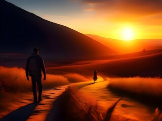silhouette of a man walking on a dark sunset path