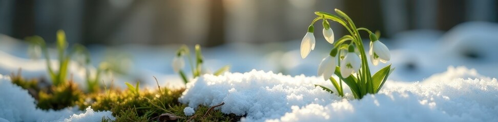 Delicate snowdrop emerges from melting snow, early spring forest , landscape, cold, snowdrop
