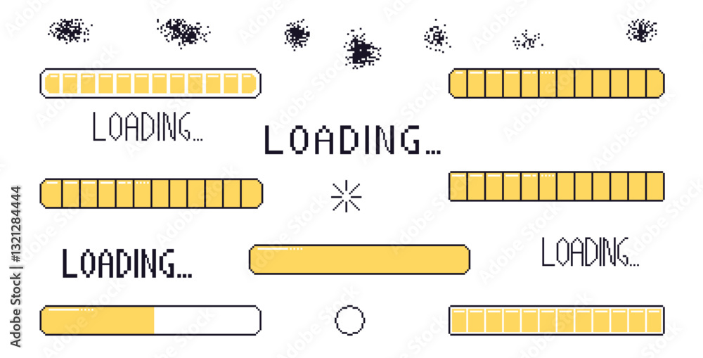 Fototapete pixel art loading bar interface. 8 bit game progress button elements set and text. different waiting