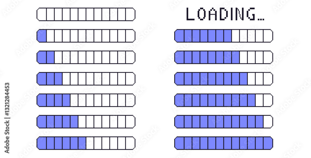 Fototapete pixel art loading bar interface. 8 bit game progress button elements set and text. waiting signs in 