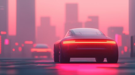 Naklejka premium A sleek car drives through a futuristic cityscape illuminated by vibrant pink hues, showcasing modernity and advanced technology.