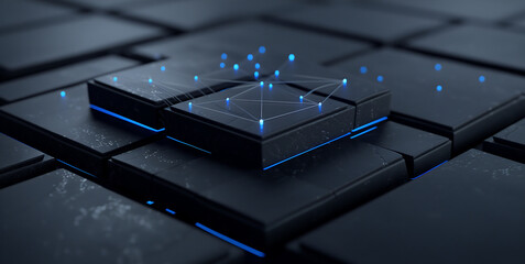 A minimalist futuristic technology background with smooth waveforms of light, subtle glowing dots connected in a digital web, dark gradient surfaces illuminated by electric blue accents
