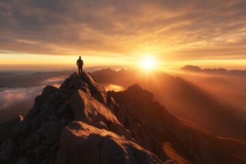 Fototapeta premium Stunning sunrise view from the mountaintop with a lone hiker enjoying the breathtaking landscape