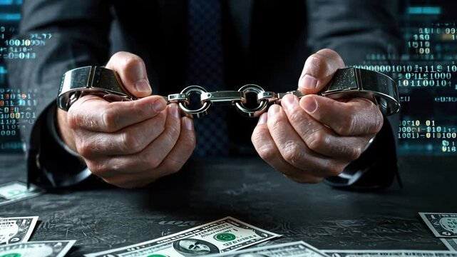 Hands in Handcuffs Holding Chains over a Background of Data Codes and Money, Symbolizing Crime and Financial Regulation