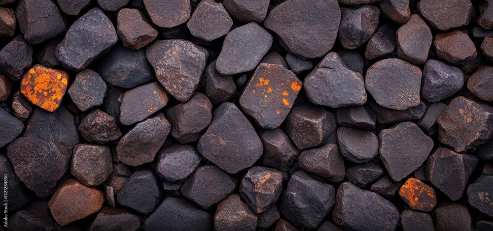 Poster a close-up view of various dark stones with a textured surface, featuring some orange hues, creating