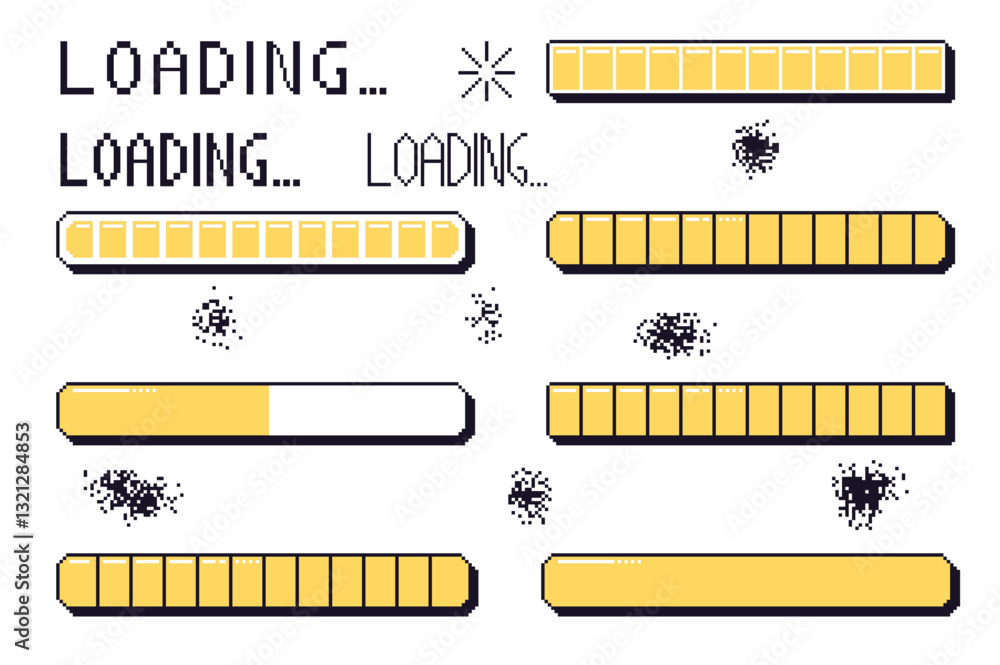 Fototapete pixel art loading bar interface. 8 bit game progress button elements set and text. waiting signs in 