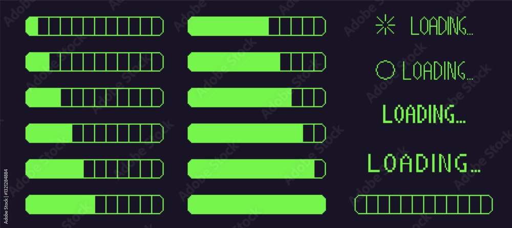 Fototapete pixel art retro loading bar interface. 8 bit progress button elements set and text. green stroke con