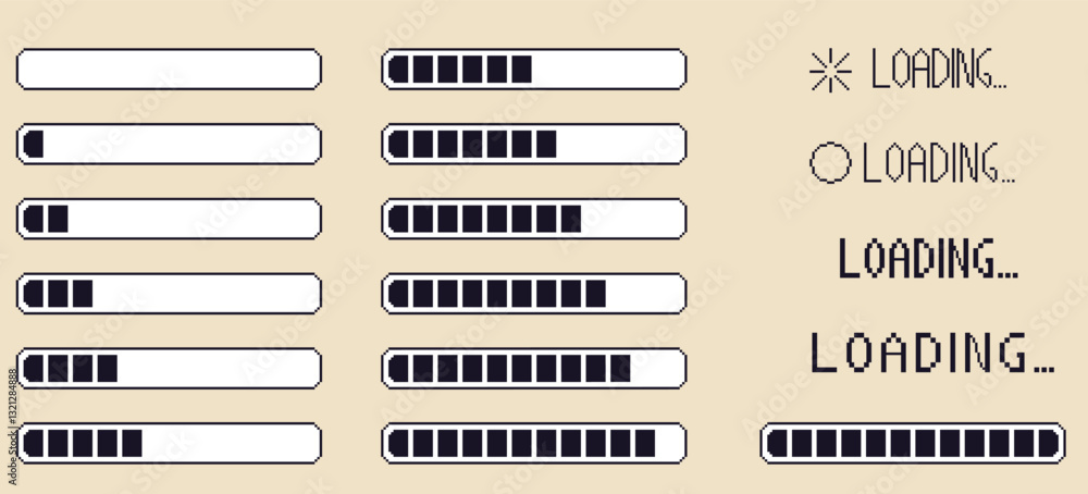 Fototapete pixel art retro loading bar interface. 8 bit progress button elements set and text. game waiting sig