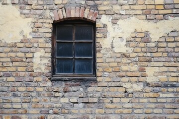 Vintage window on weathered brick wall. Artificial Intelligence image