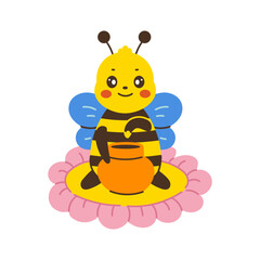 Bee eating Honey from pot and sitting on flower. Beekeeping flat vector illustration with whimsical honeybee in hand drawn style.