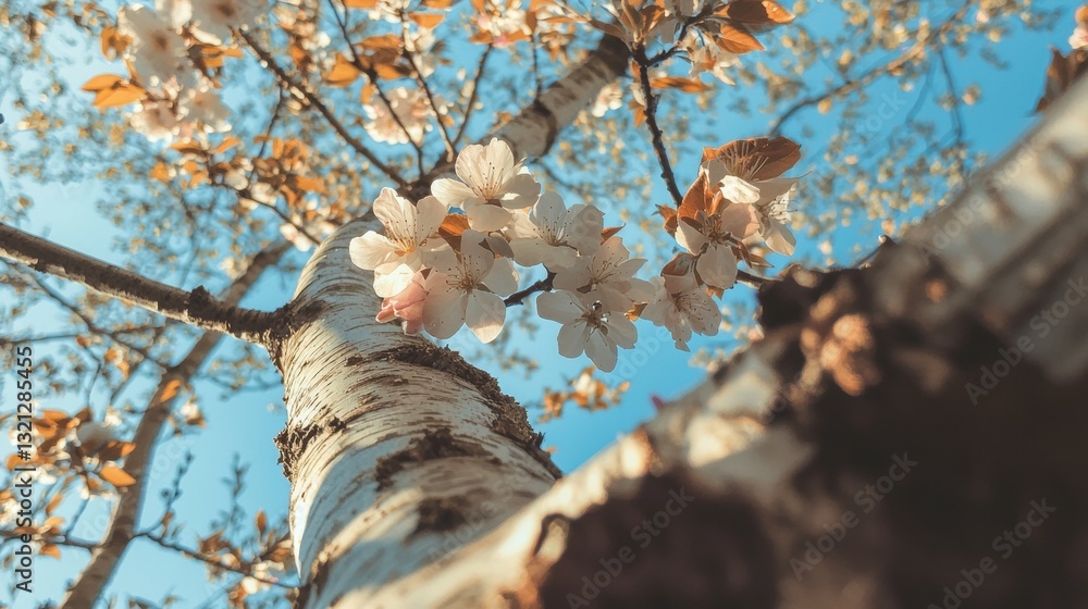 Poster close-up of a tree branch with white flowers blooming on it. the tree appears to be a birch tree wit