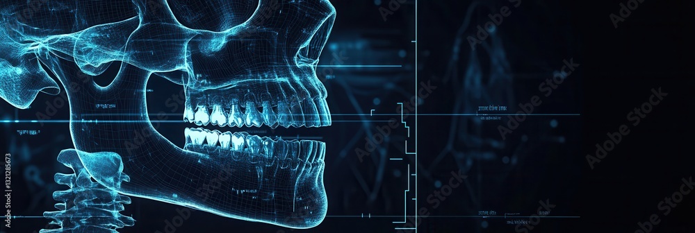 Poster innovative jawbone implant blueprint showcasing detailed x-ray skeletal structures and precise denta